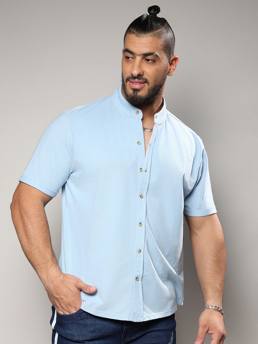 

Instafab Plus Size Band Collar Classic Regular Fit Cotton Casual Shirt, Blue
