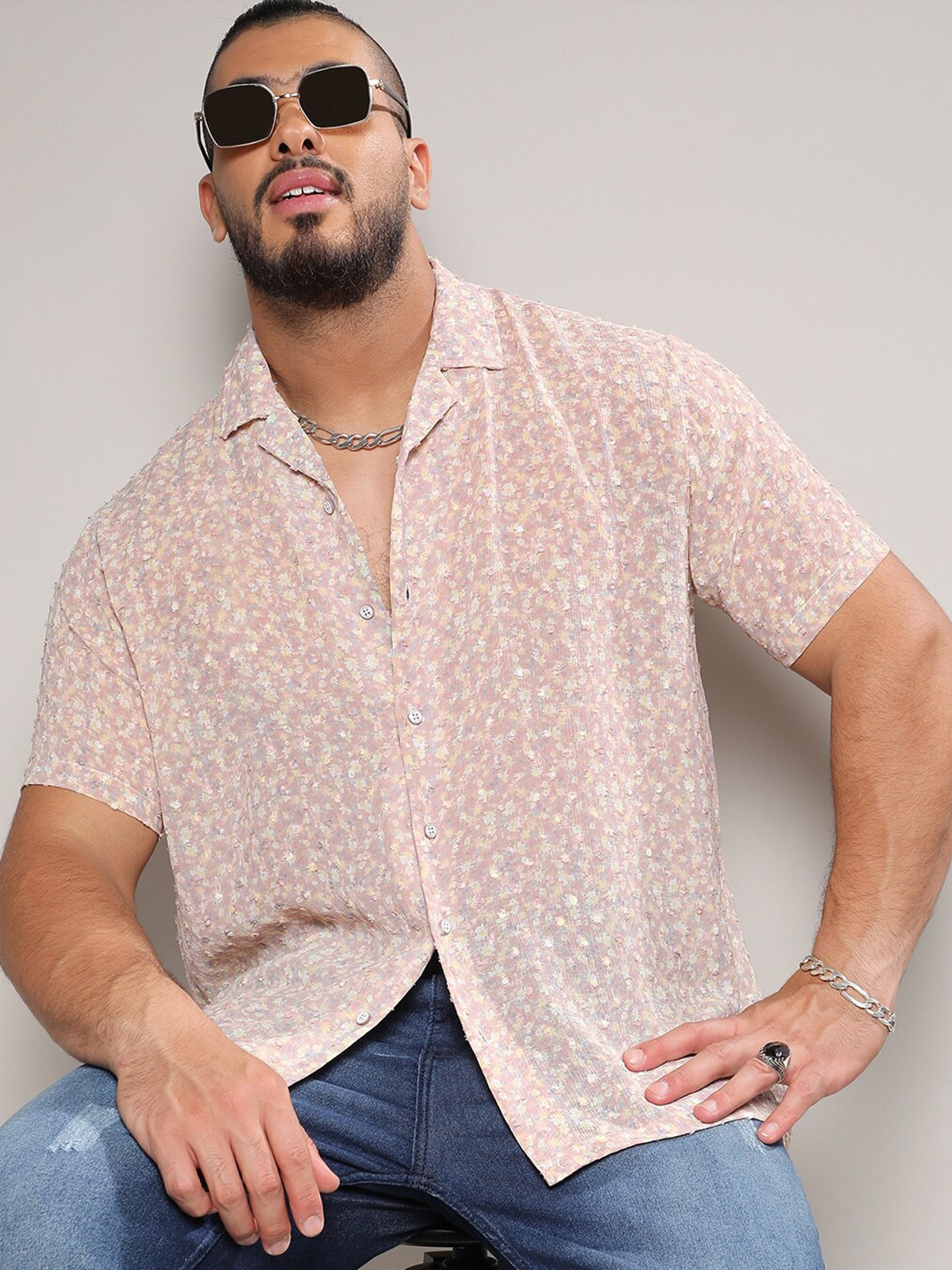 

Instafab Plus Size Self Design Cuban Collar Classic Regular Fit Casual Shirt, Beige