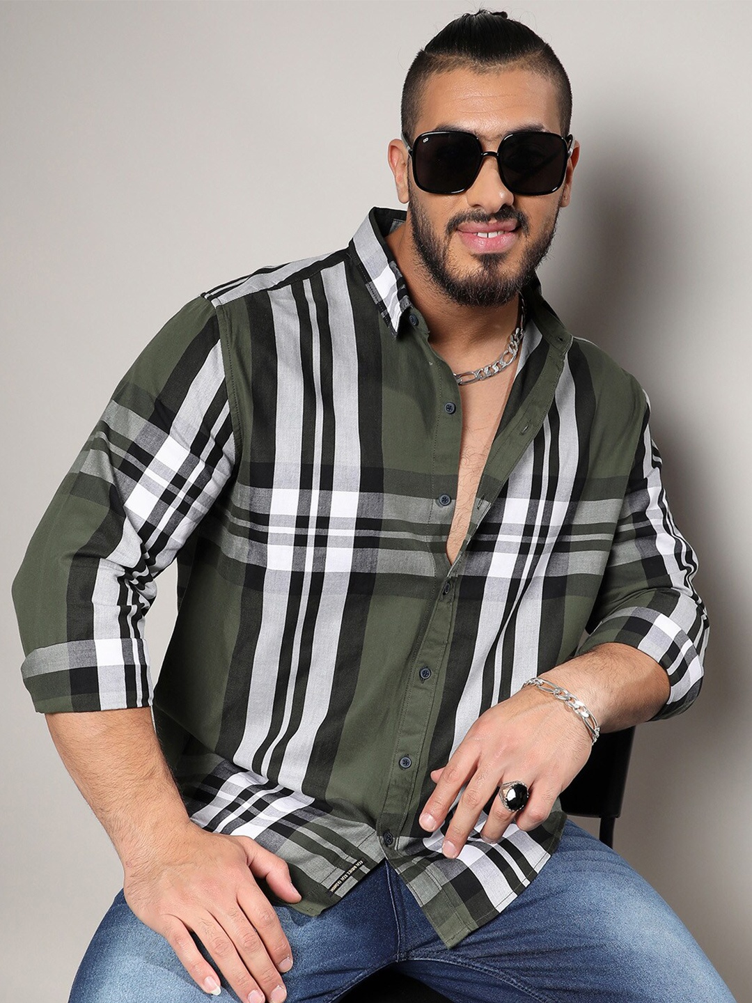 

Instafab Plus Size Tartan Checked Classic Regular Fit Cotton Casual Shirt, Green