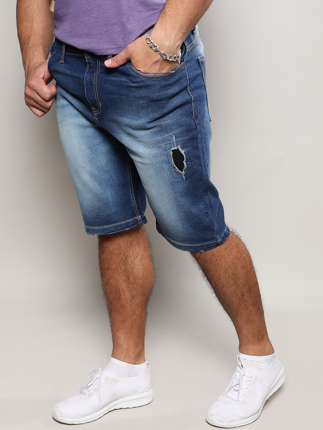 

Instafab Plus Cotton Distressed Denim Shorts, Navy blue