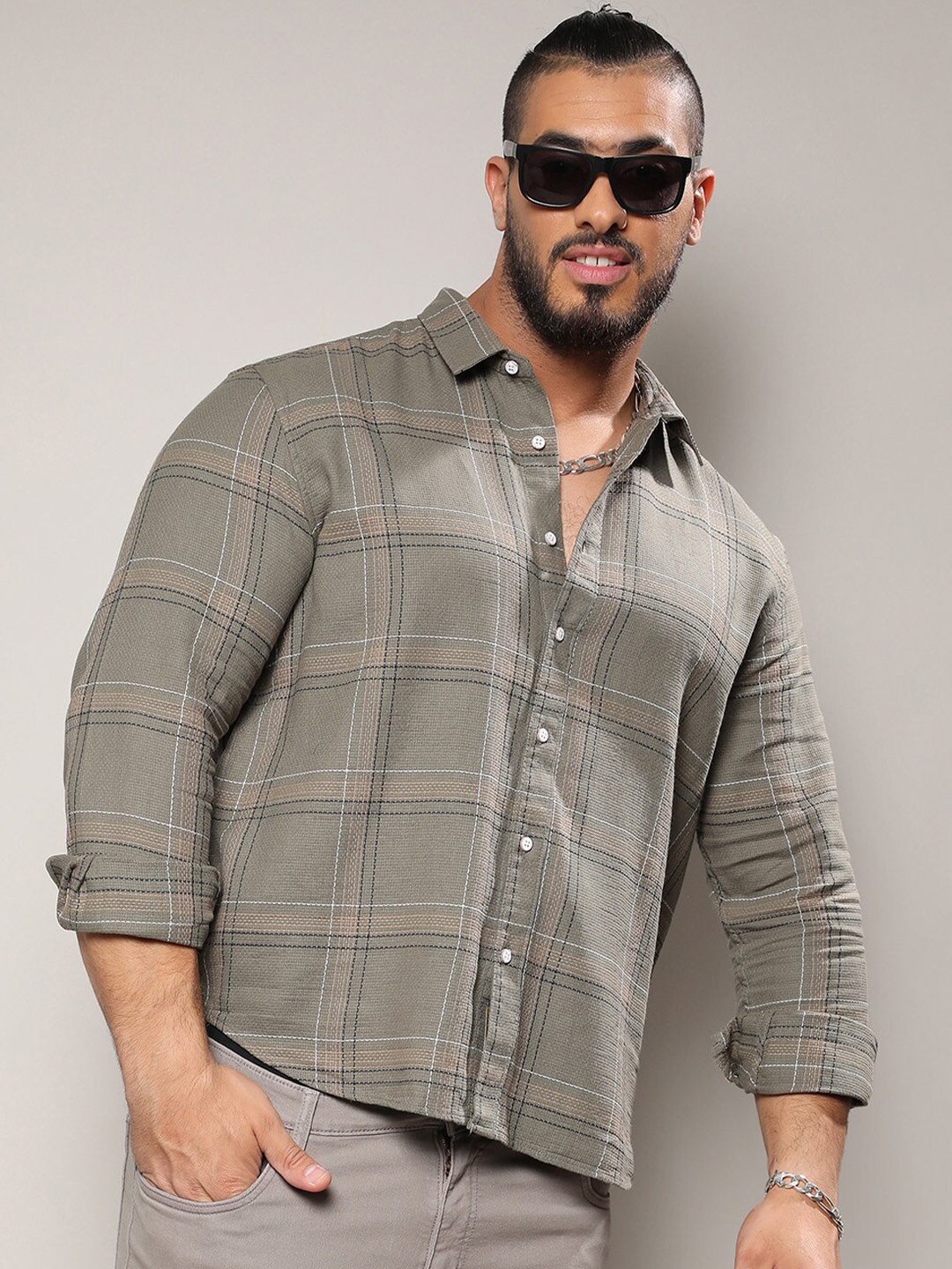

Instafab Plus Size Classic Tartan Checked Cotton Casual Shirt, Olive