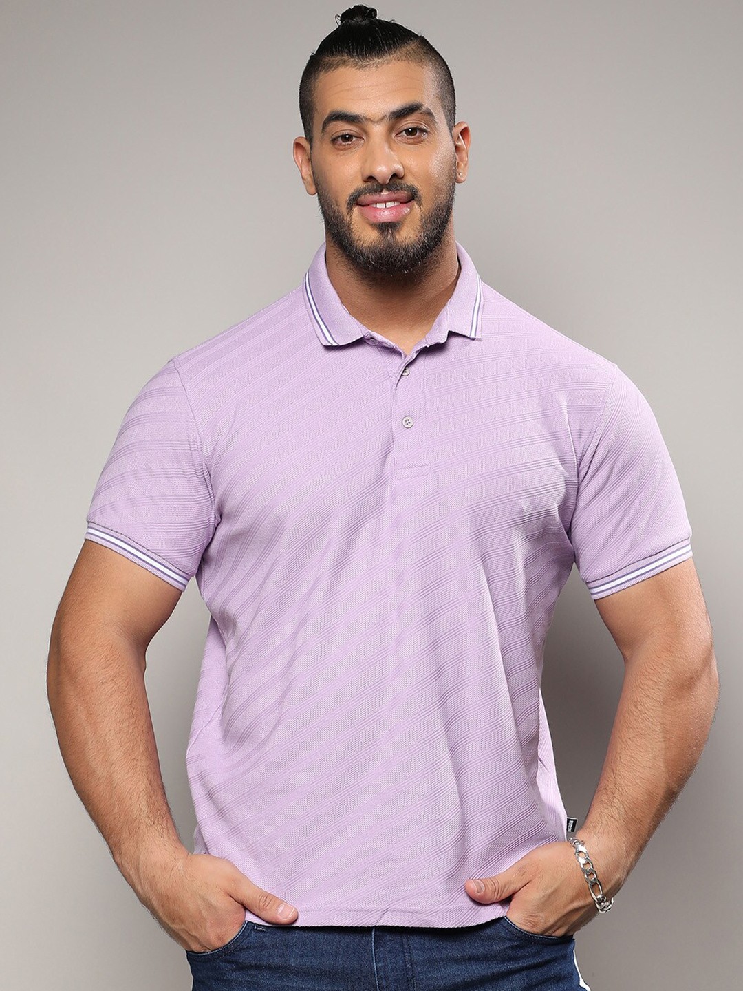 

Instafab Plus Striped Self Design Cotton Polo Collar T-shirt, Purple