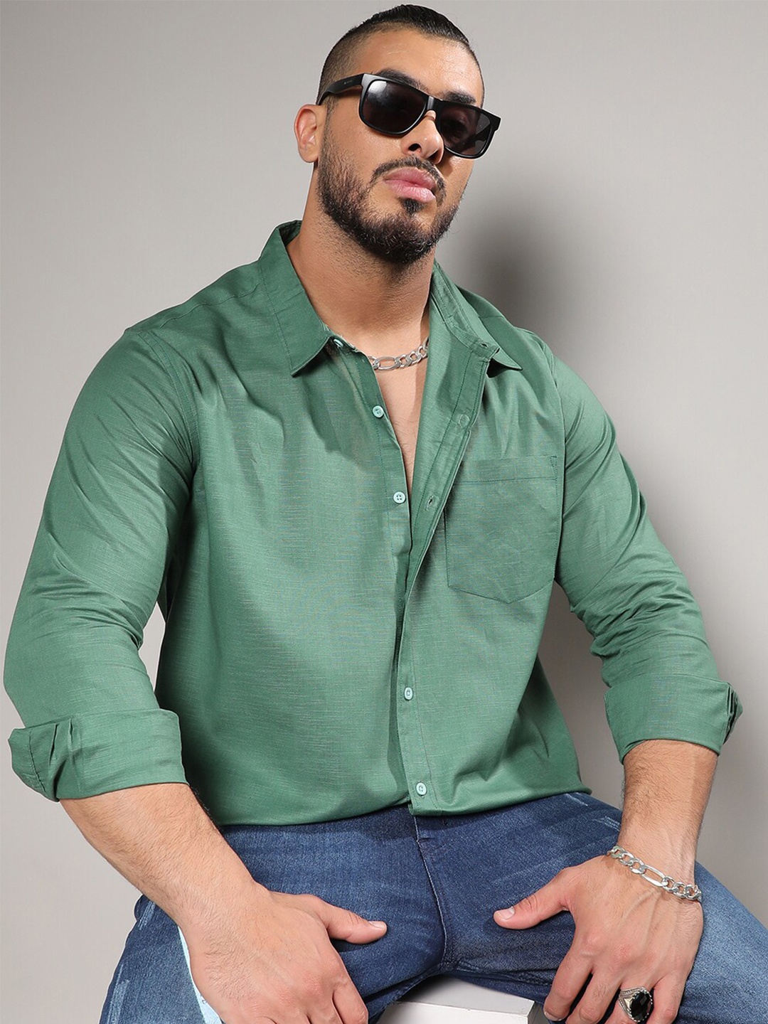 

Instafab Plus Classic Spread Collar Cotton Casual Shirt, Green