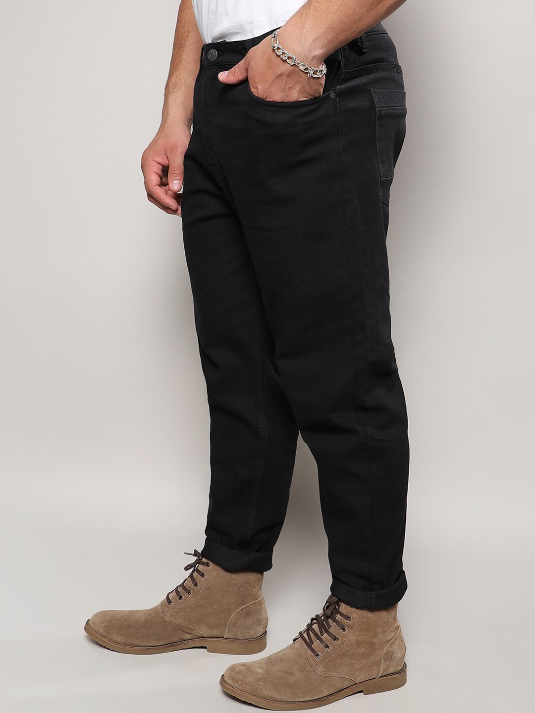 

Instafab Plus Men Jean Relaxed Fit Clean Look Rolled Hem Cotton Jeans, Black