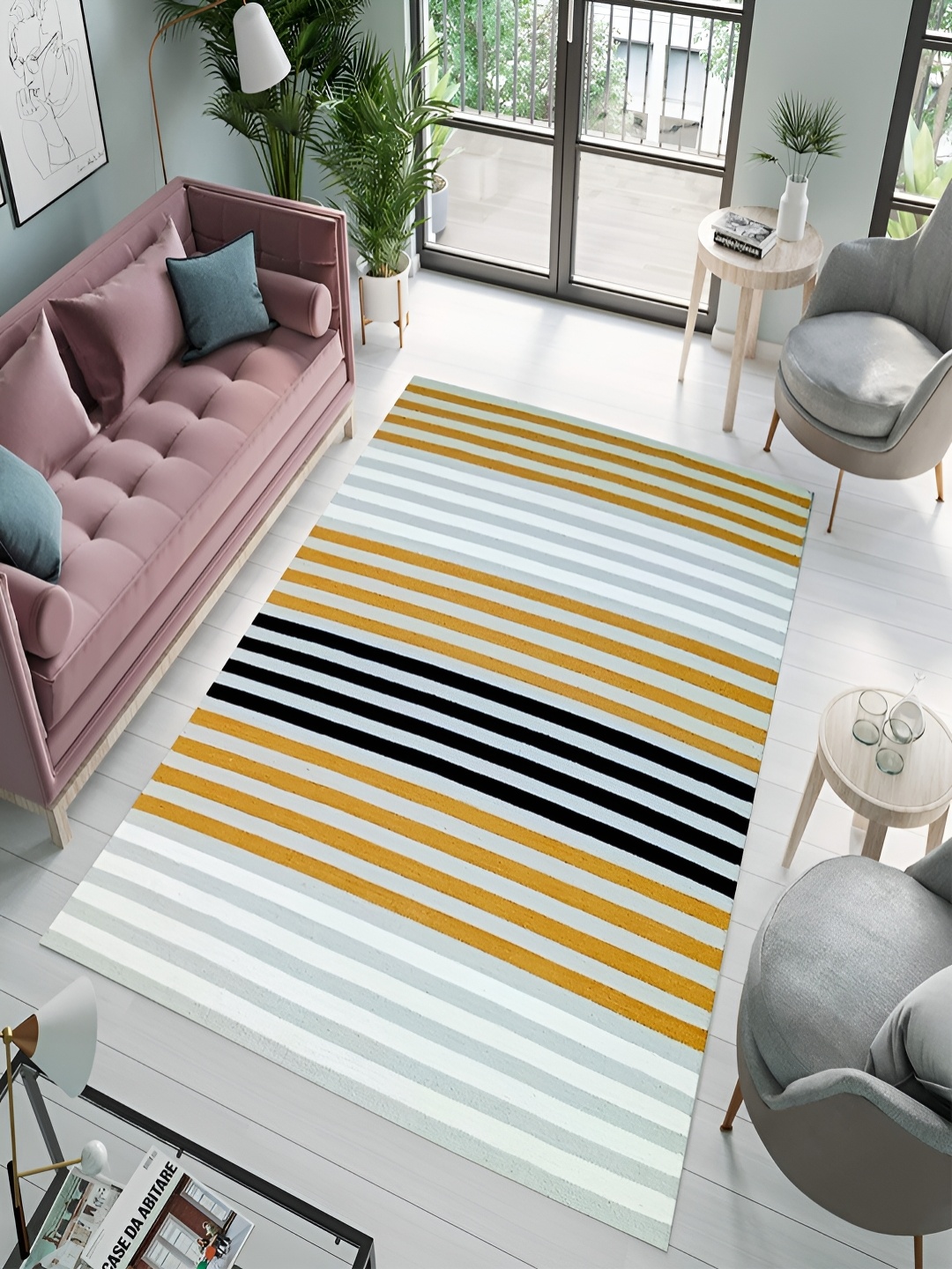 

MRIC Yellow Striped Handmade Woollen Carpet