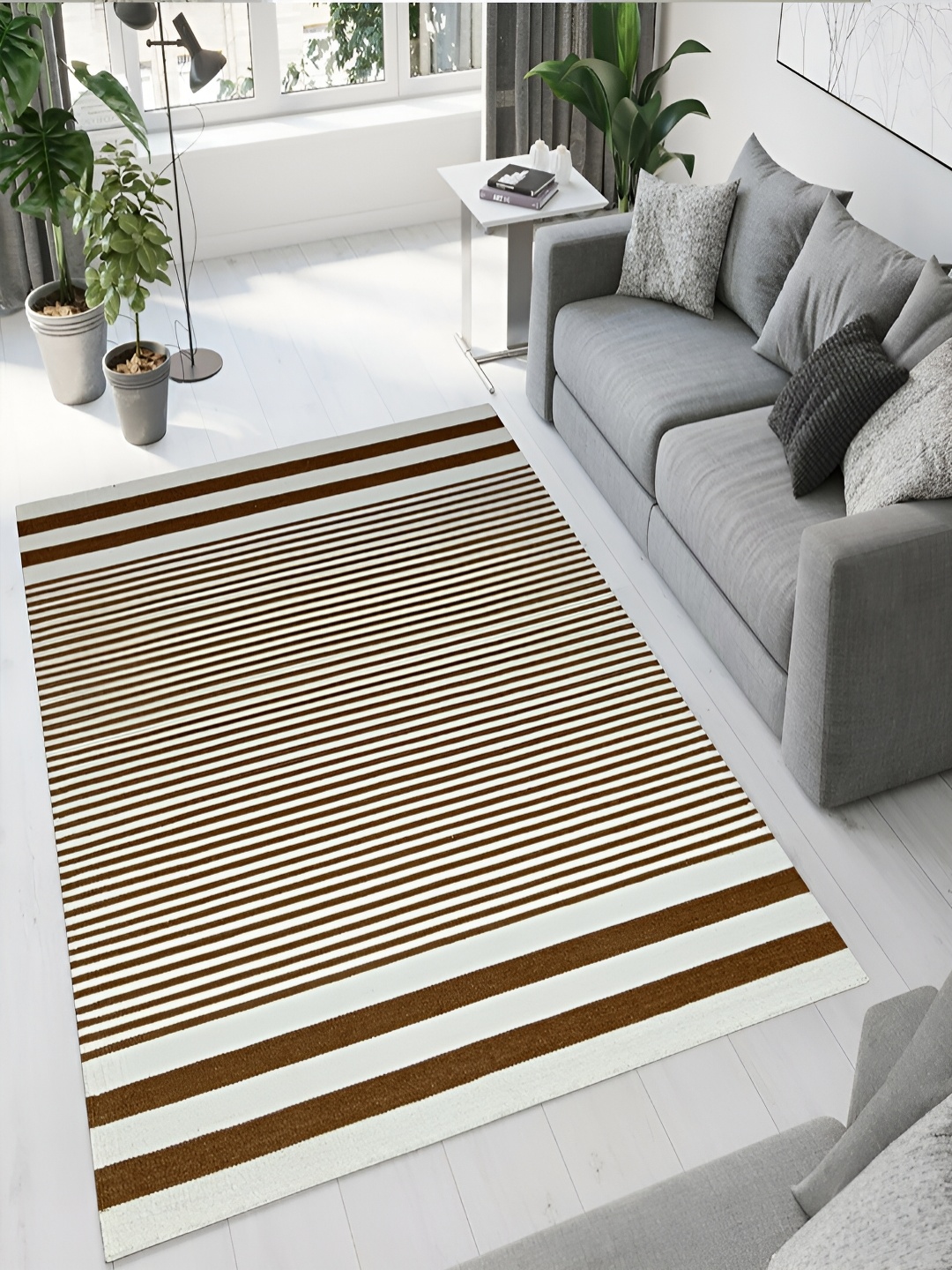 

MRIC White Striped Handmade Woollen Carpet, Brown