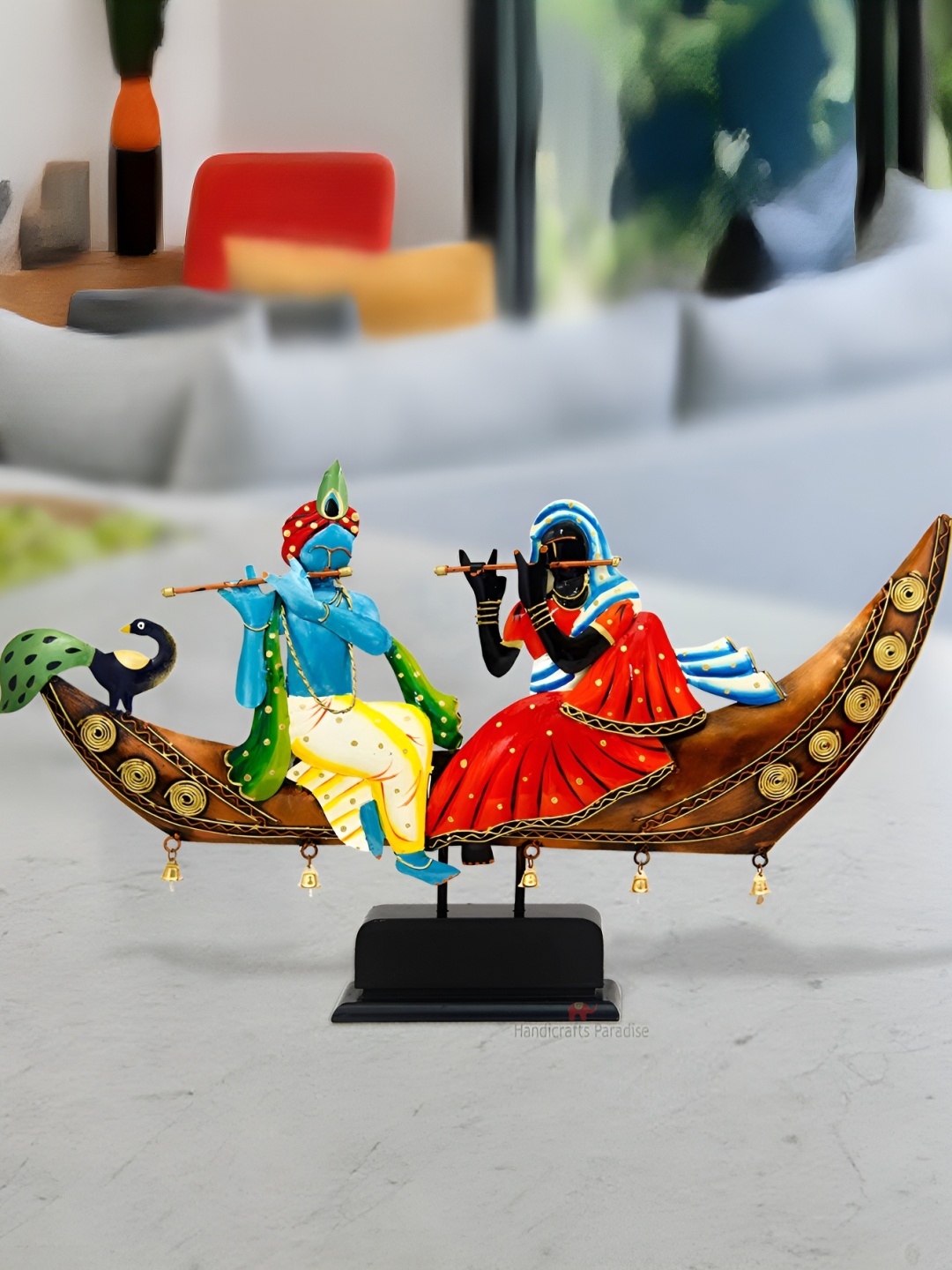 

HANDICRAFTS PARADISE Blue & Orange Paradise Iron Radha Krishna Sitting on Boat Showpiece