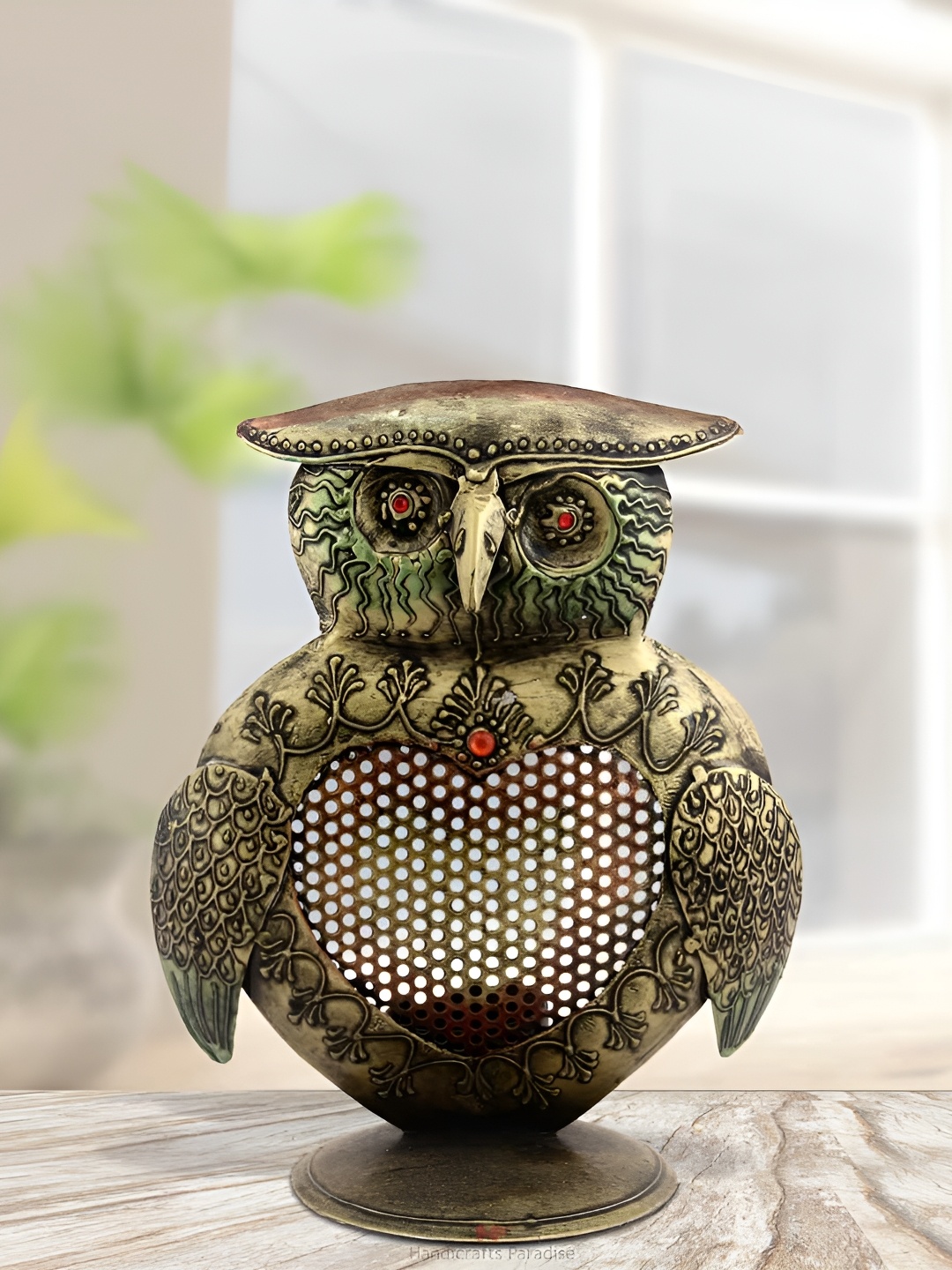 

HANDICRAFTS PARADISE Gold Toned & Red Birds and Animals Metal Figurine Owl Showpiece