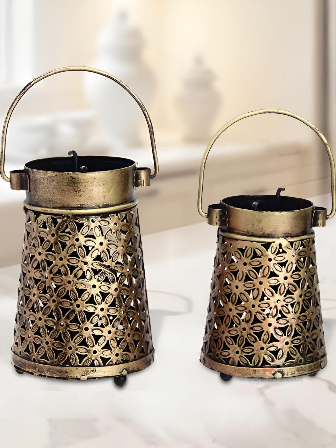 

HANDICRAFTS PARADISE Gold Toned 2 Pieces Metal Curio Lantern Tea Light Showpiece