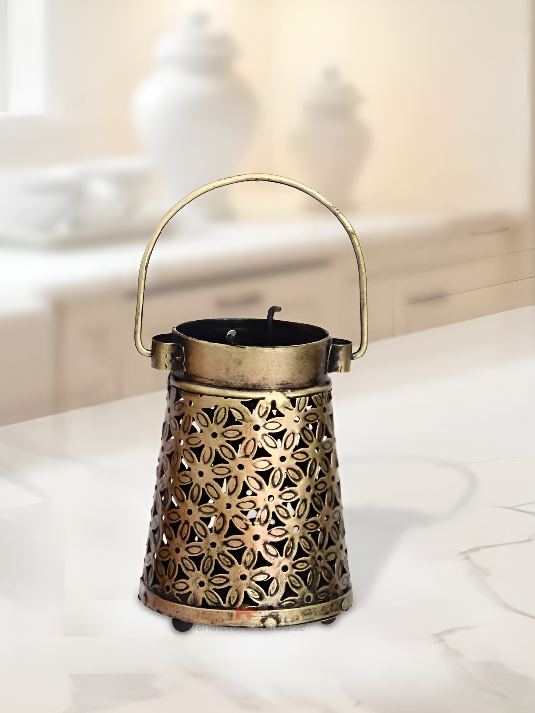 

HANDICRAFTS PARADISE Bronze Cut Work Lantern Tea Light with Handle Showpiece