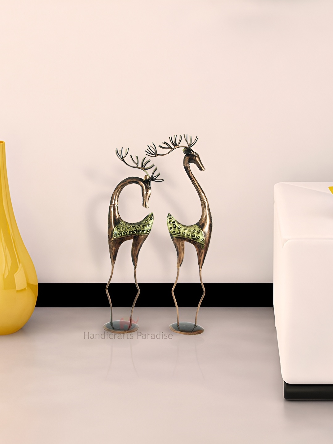 

HANDICRAFTS PARADISE Bronze & Yellow Pair Of Deer Metallic Showpiece