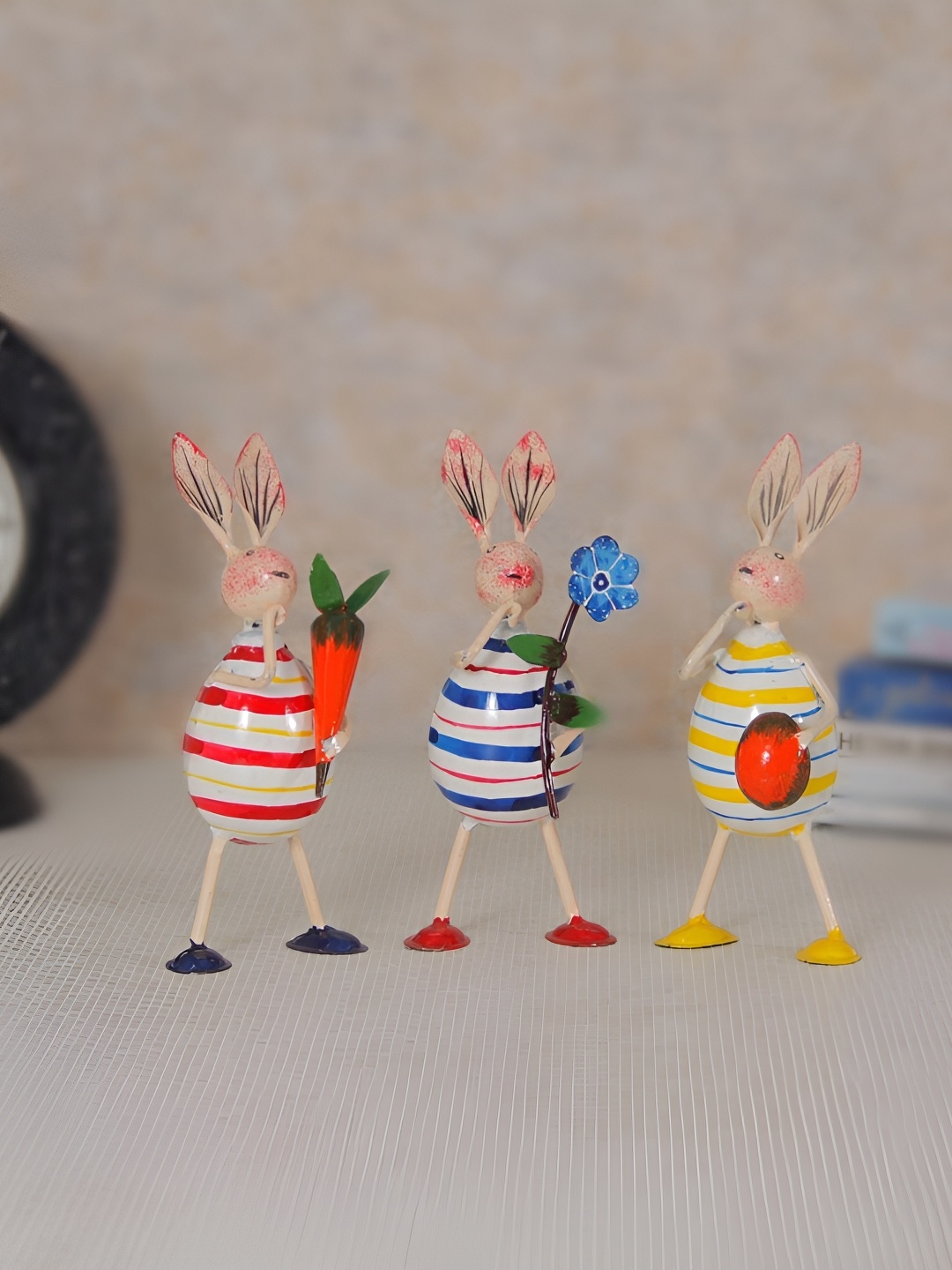 

HANDICRAFTS PARADISE Blue and Yellow 3 Pieces Figurine Stripped design Rabbit Showpiece