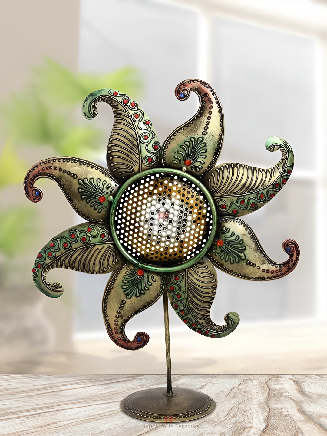 

HANDICRAFTS PARADISE Brown & Green Metal Cut Work Sunflower Medium Showpiece