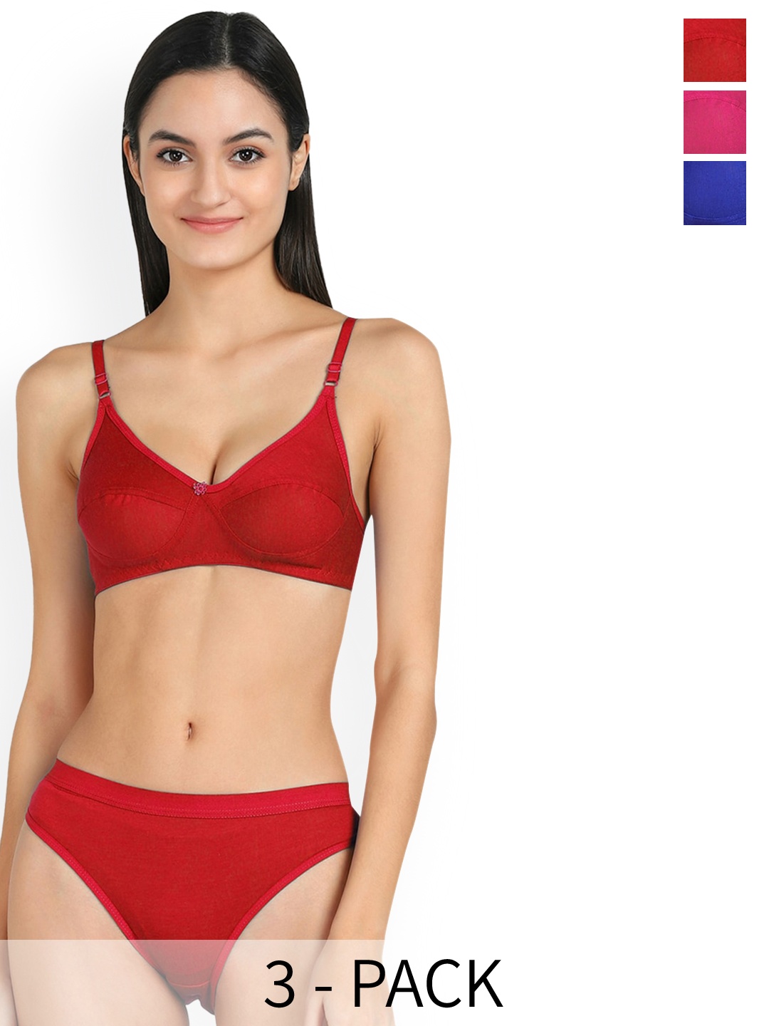 

PIBU Pack Of 3 Cotton Lingerie Set PI_T_Ruchi Set_Red,Blue,Pink_30