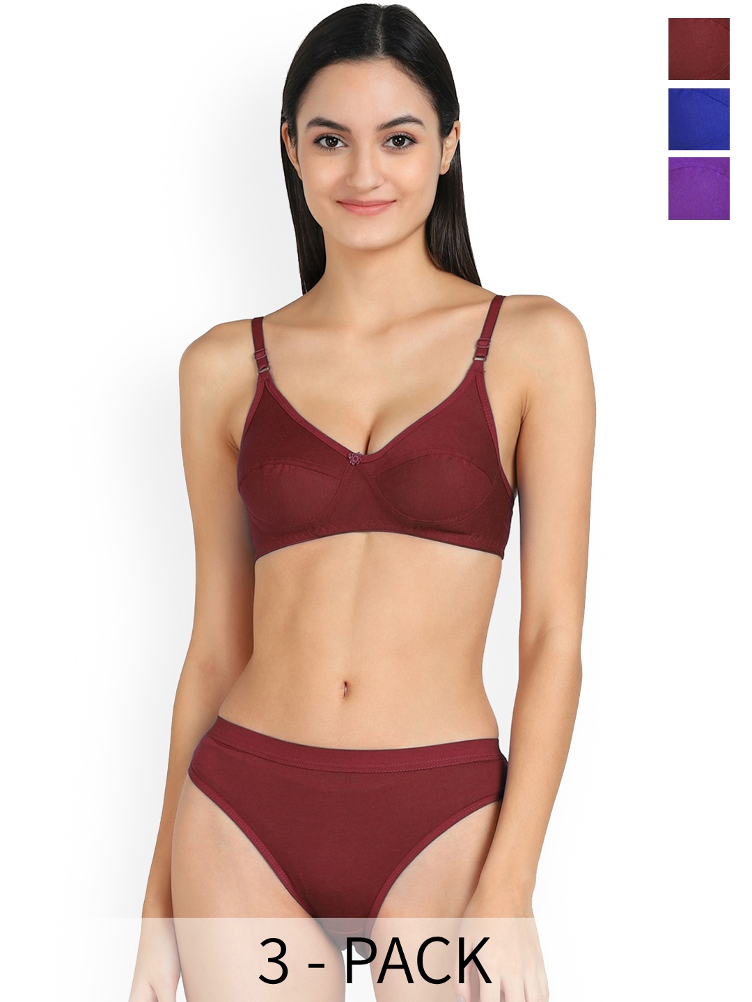 

PIBU Pack Of 3 Cotton Lingerie Set, Maroon