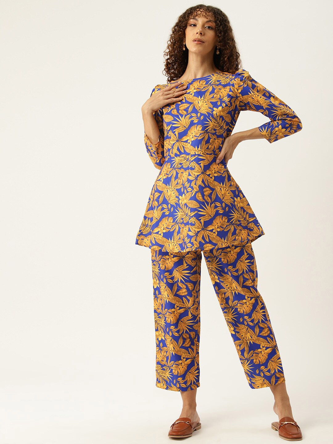 

SIRIKIT Floral Printed Boat Neck Puff Sleeves Tunic With Trouser, Blue