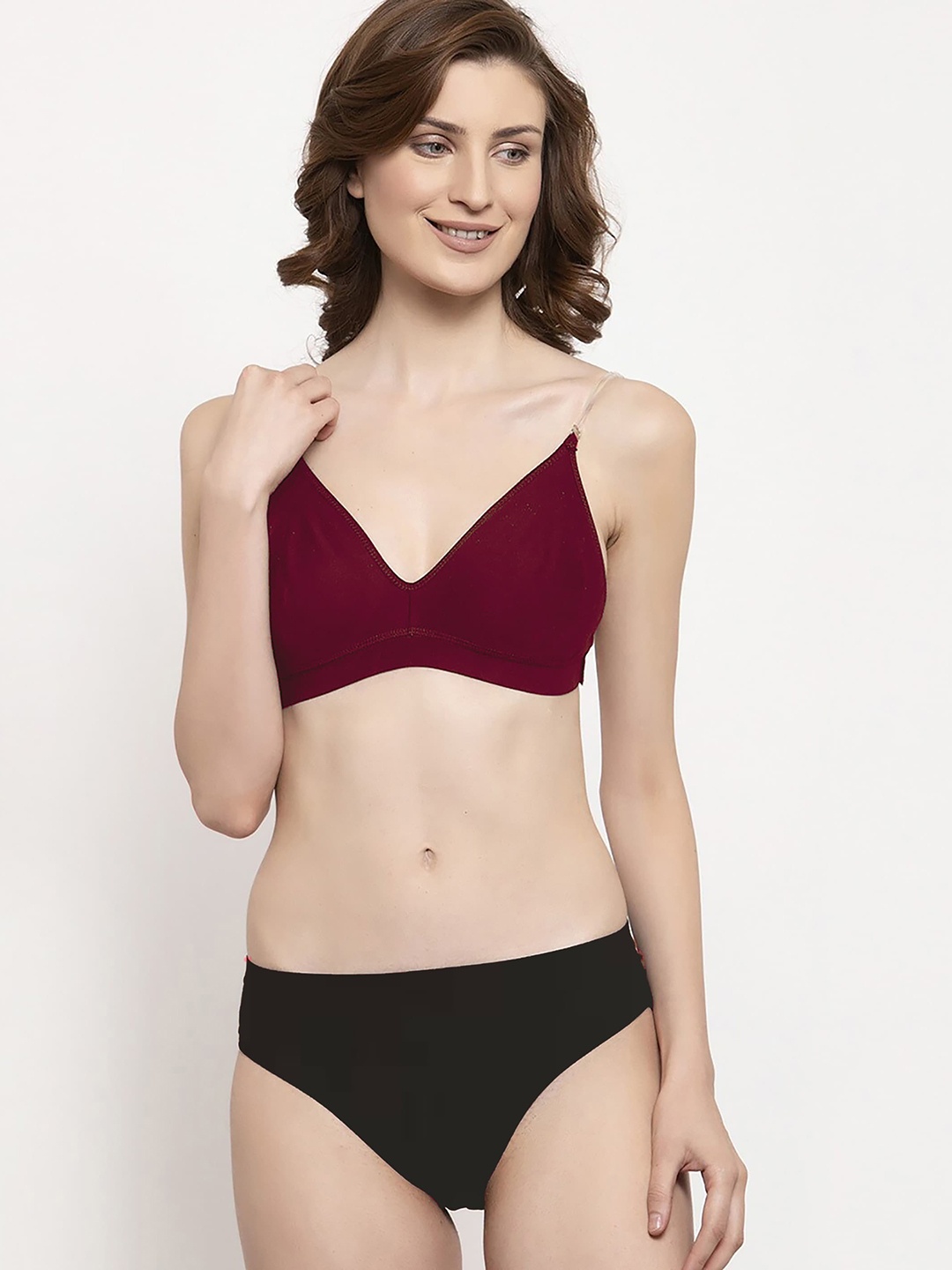 

Aamarsh Non Padded Cotton Lingerie Set with Clear Straps, Maroon