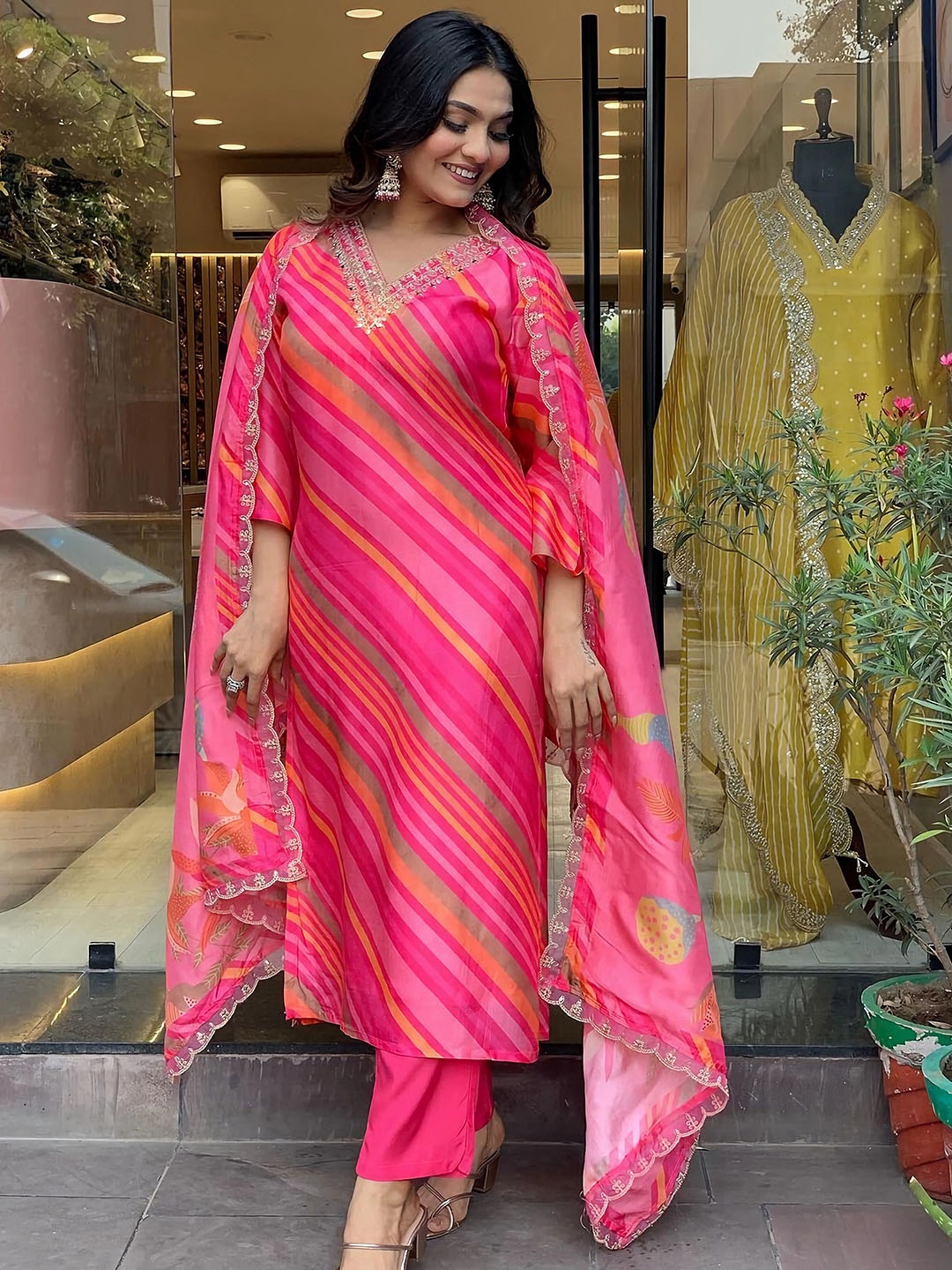 

KALINI Leheriya Printed Sequinned Pure Silk Kurta with Trousers & Dupatta, Pink