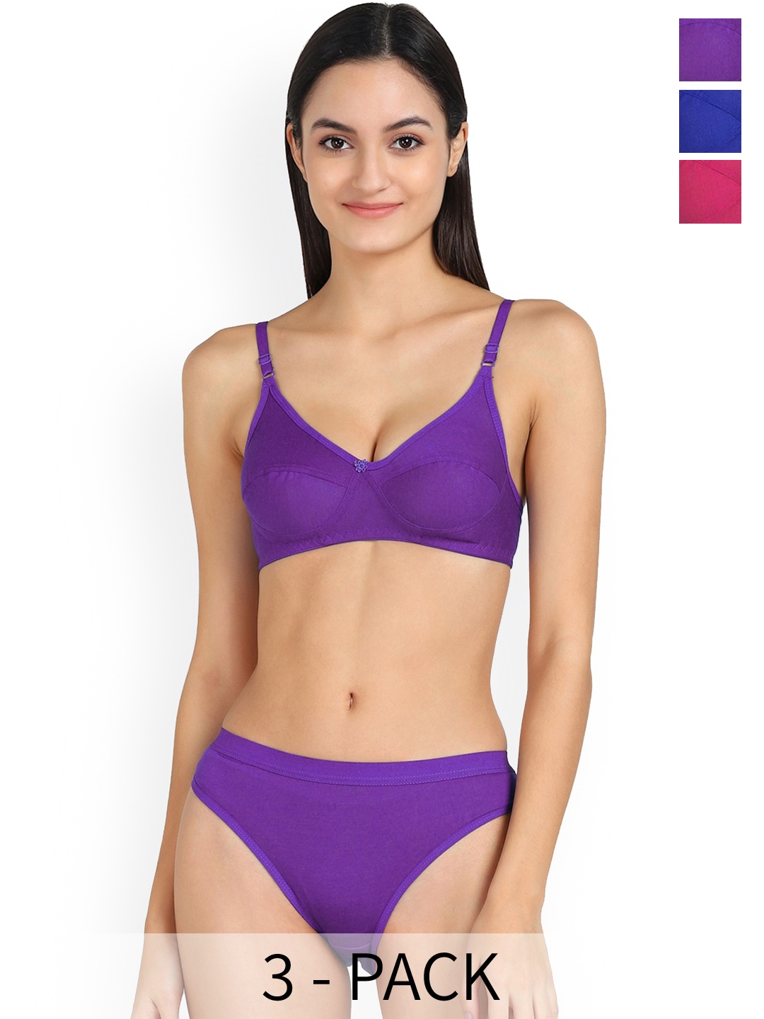 

AROUSY Pack Of 3 Cotton Non-Wired Non Padded Bra With Mid-Rise Brief, Blue