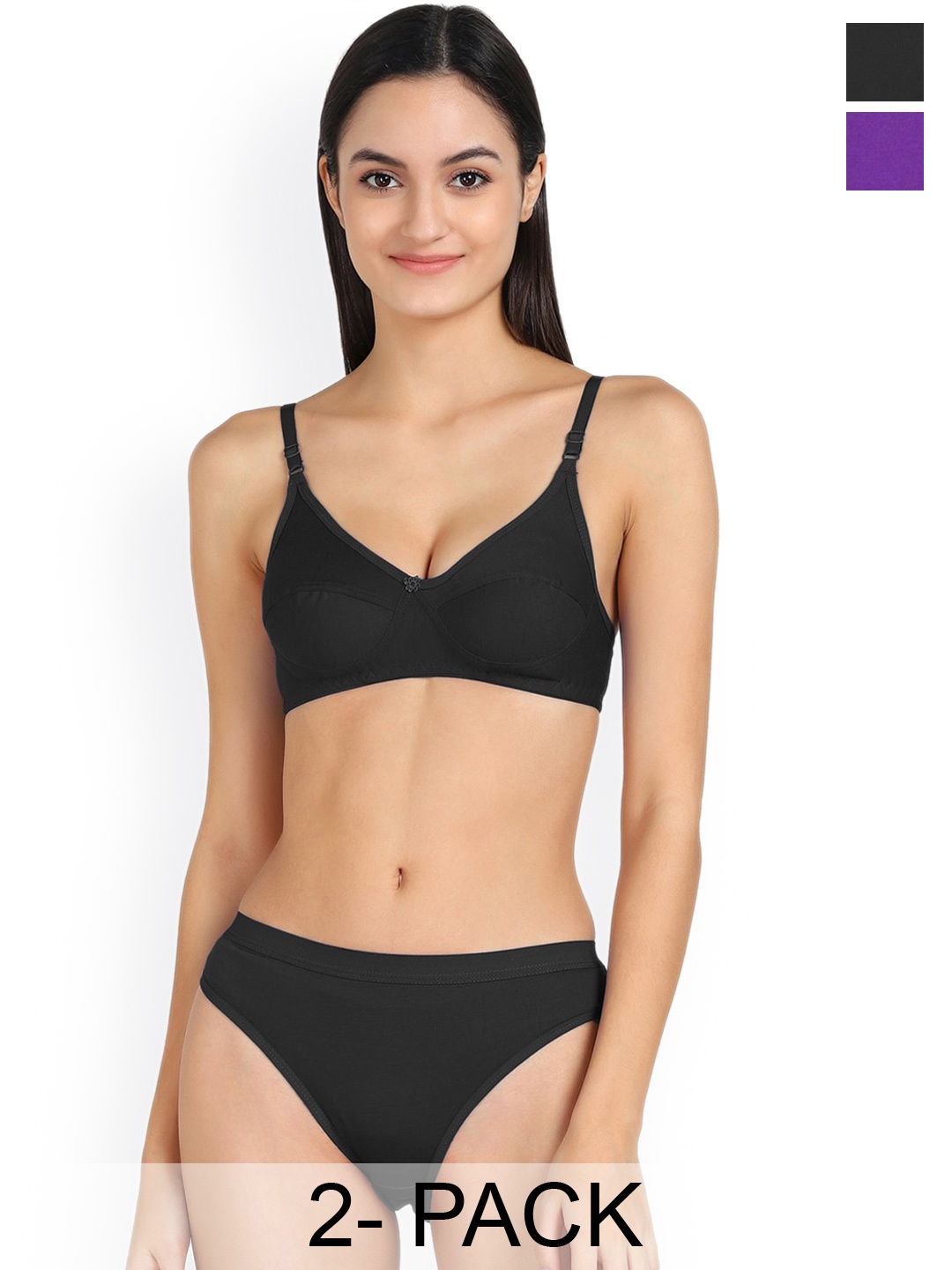 

AROUSY Pack Of 2 Mid-Rise Cotton Bikini Lingerie Set, Black