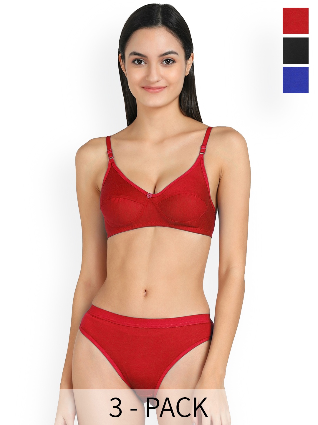 

AROUSY Pack Of 3 Mid-Rise Cotton Bikini Lingerie Set, Red