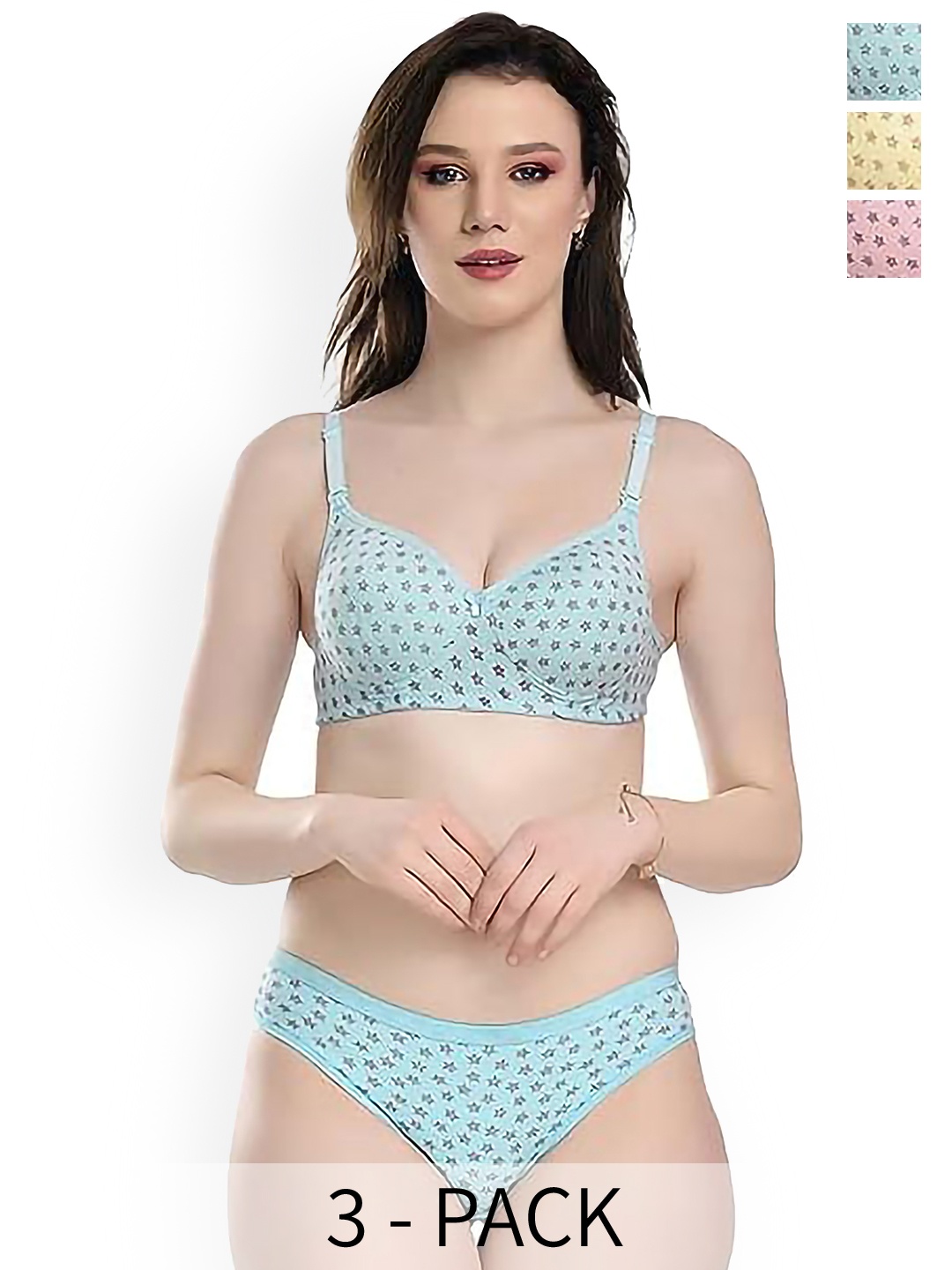 

AROUSY Pack Of 3 Printed Cotton Lingerie Set, Blue