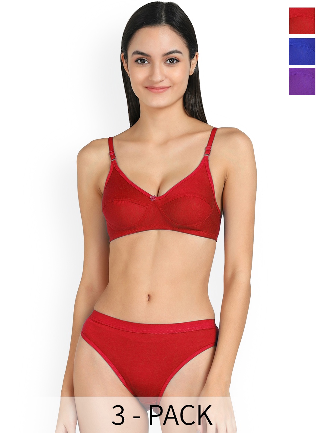 

PIBU Pack of 3 Cotton Bra With Brief, Red