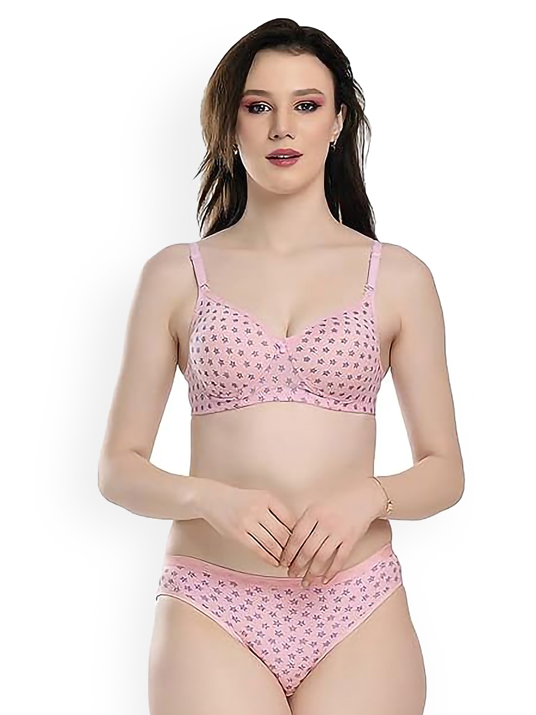 

PIBU Polka Dots Printed Non Padded Cotton Lingerie Set, Pink