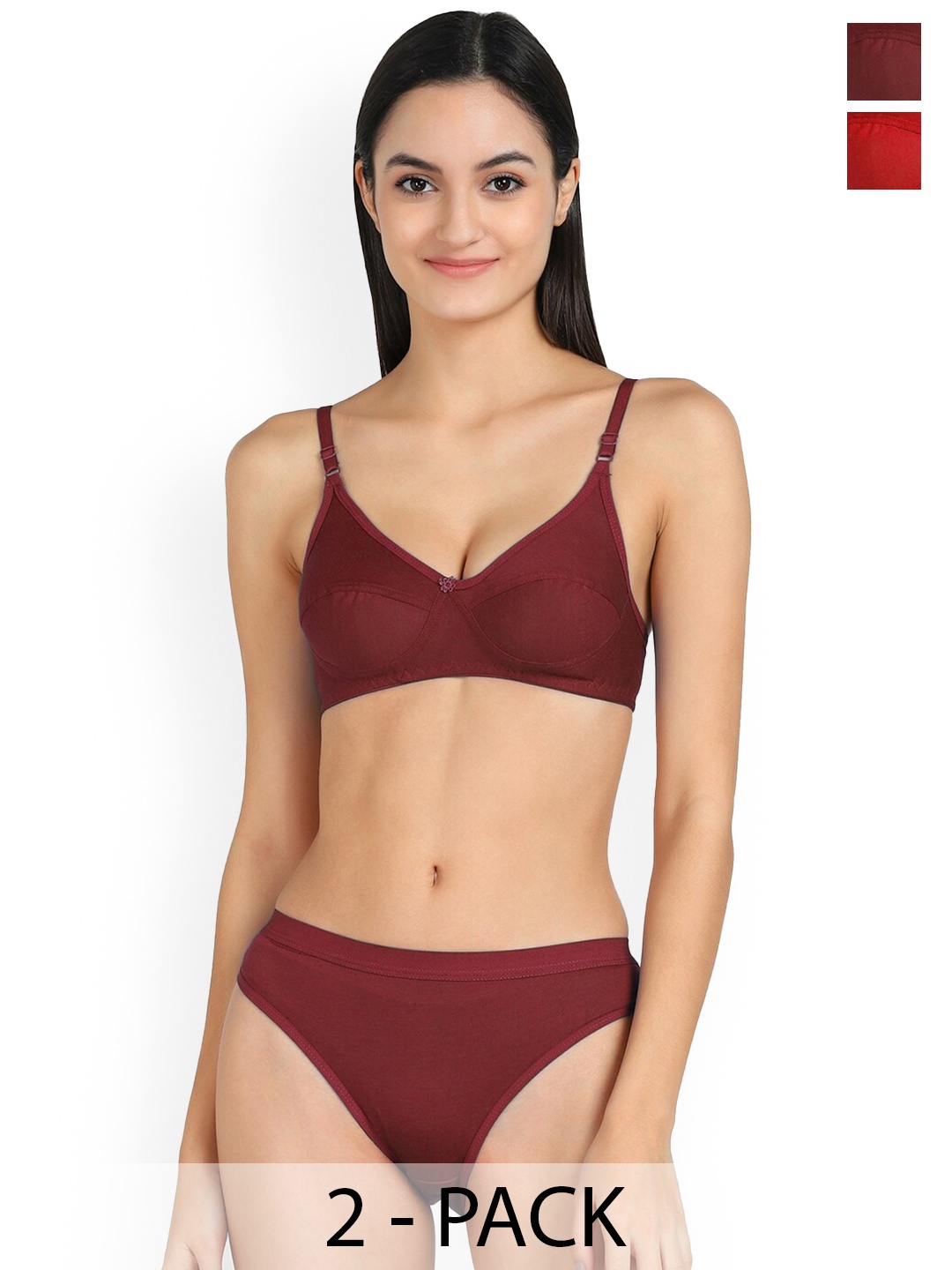 

PIBU Pack Of 2 Non Padded Cotton Lingerie Set, Maroon