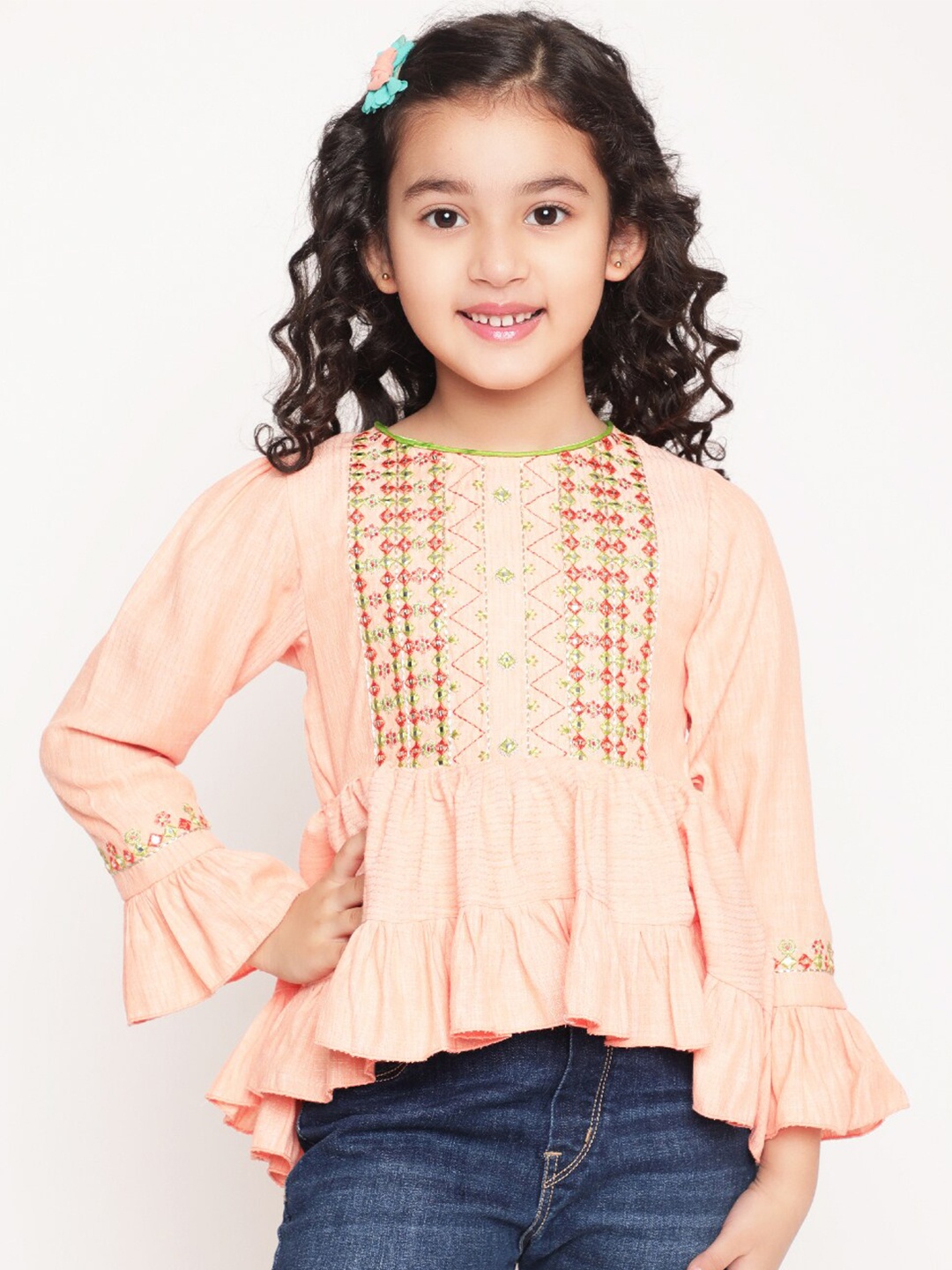 

BAESD Girls Geometric Embroidered Pleated Top, Orange