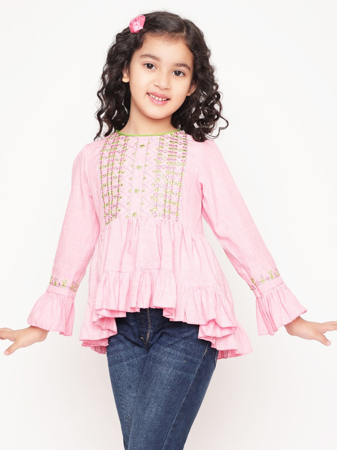 

BAESD Girls Geometric Embroidered Pleated Top, Pink