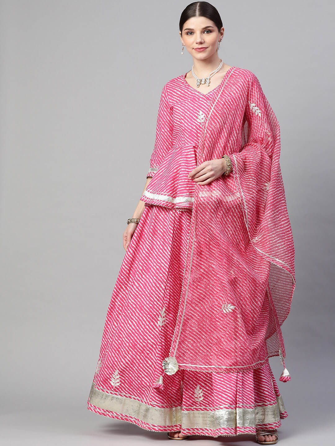 

KALINI Lehriya Printed Cotton Gotta Patti Ready to Wear Lehenga & Blouse With Dupatta, Pink