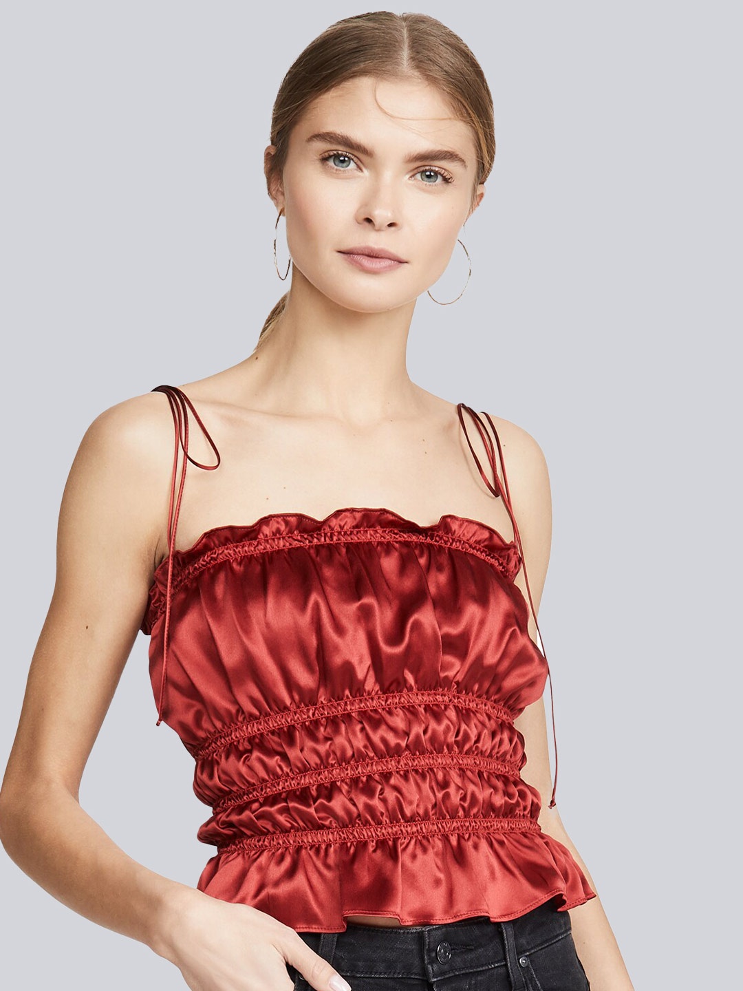 

Dracht Smocked Satin Crepe Cinched Waist Crop Top, Maroon