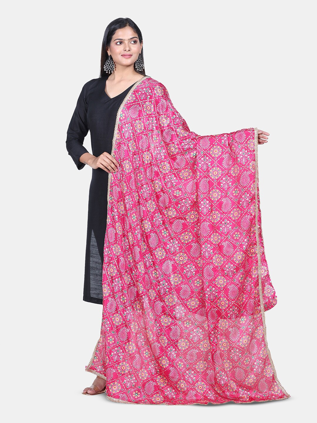 

HELLA FASHIONS Paisley Printed Art Silk Bandhani Dupatta, Fuchsia