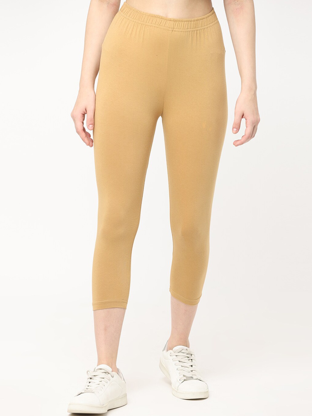 

Robinbosky Mid Rise Bio Washed Premium 4 Way Stretchable Capri Length Leggings, Beige