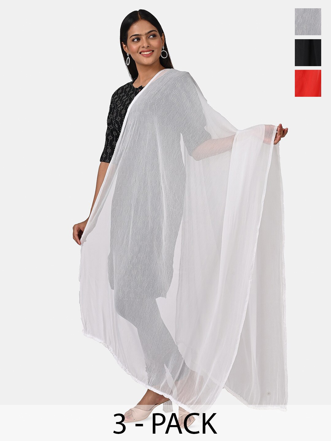 

HELLA FASHIONS Pack Of 3 Chiffon Dupatta, Red