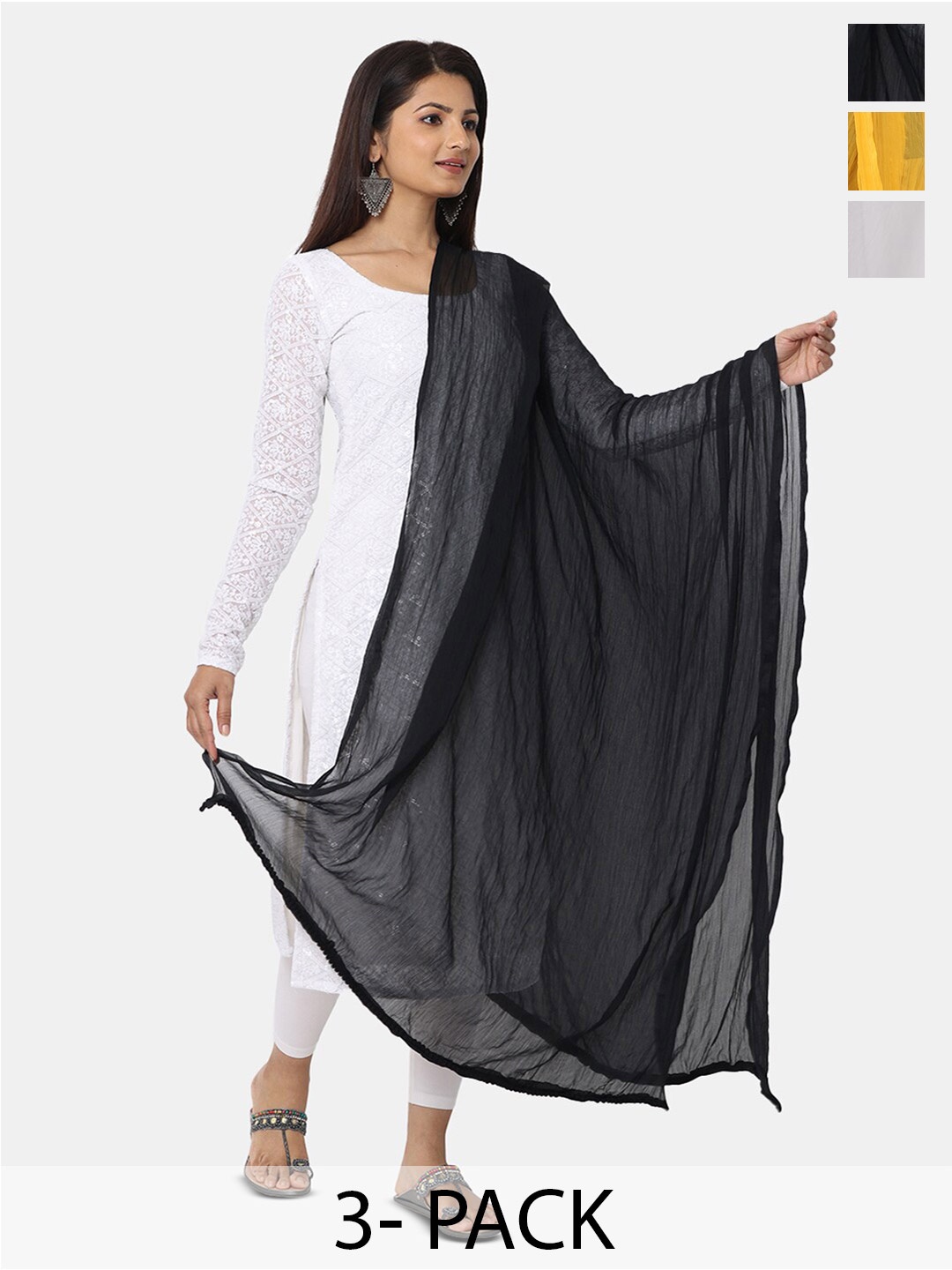 

HELLA FASHIONS Pack Of 3 Chiffon Dupatta, Black