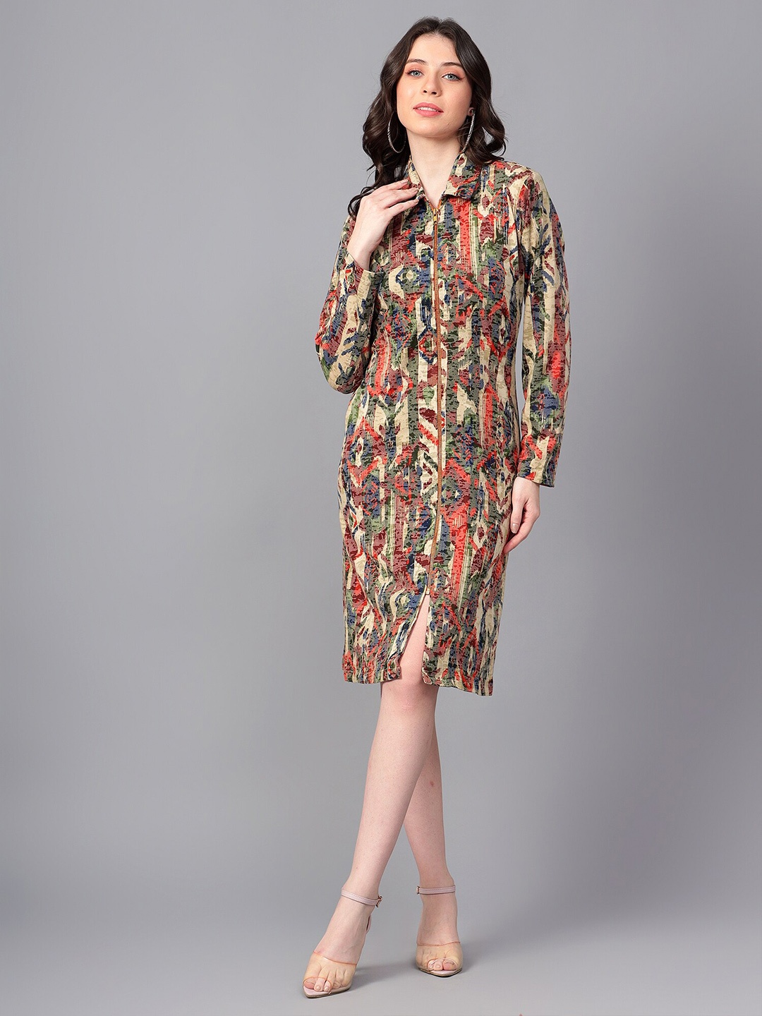 

Hencemade abstract Printed Shirt Style Knee Length Dress, Beige