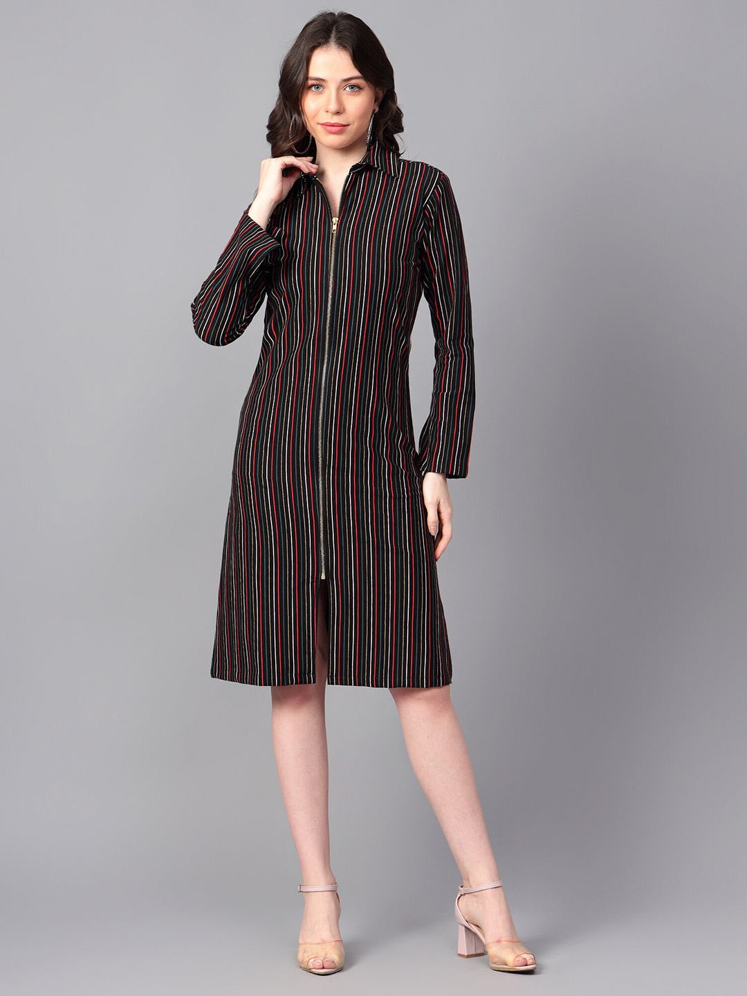 

Hencemade Striped Shirt Style Knee Length Dress, Black