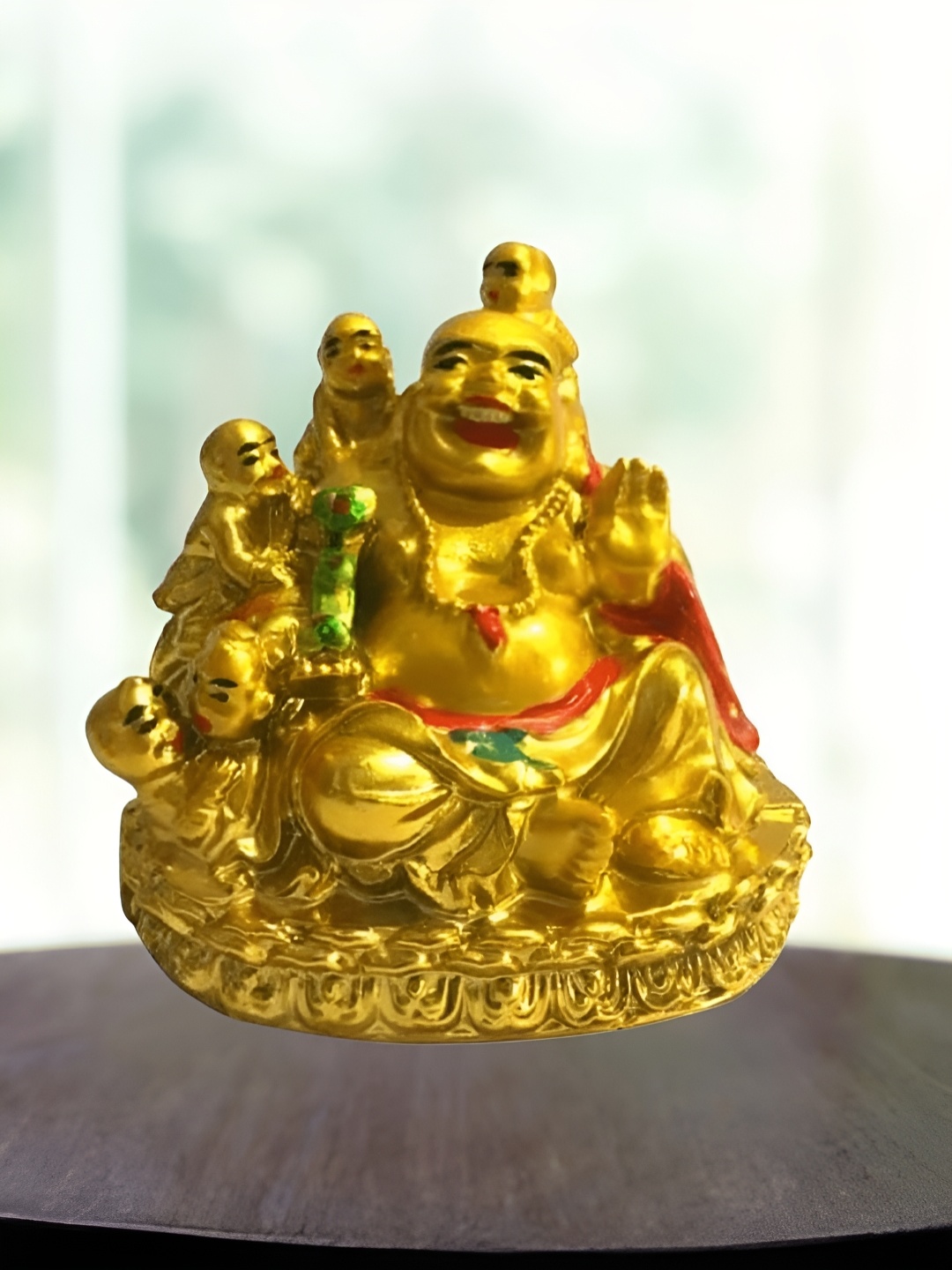 

RIPE INDIA Gold Toned & Red Laughing Buddha with Children Idol Showpiece