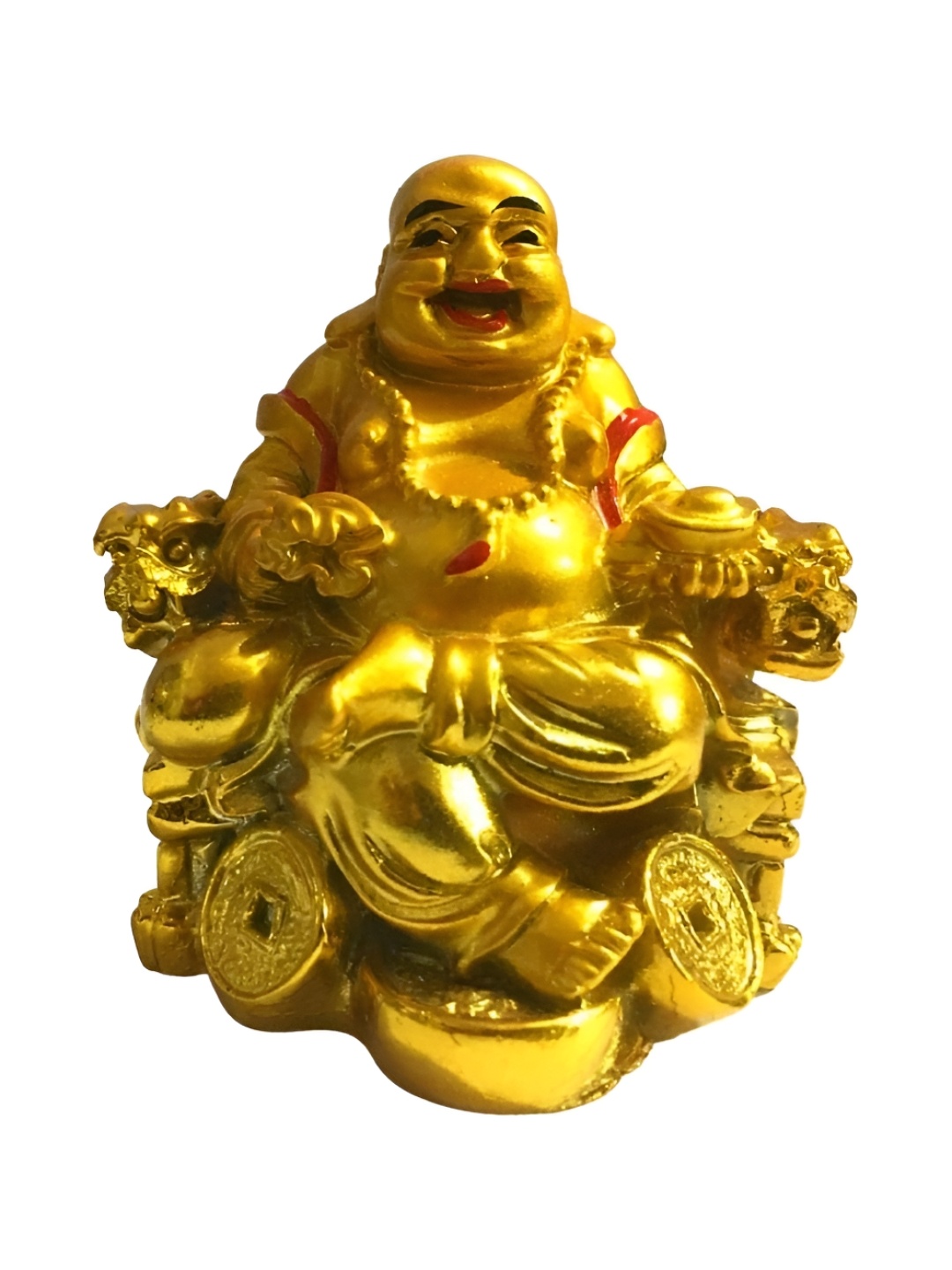 

RIPE INDIA Gold Toned Laughing Buddha Sitting On Dragon Chair Idol Showpiece