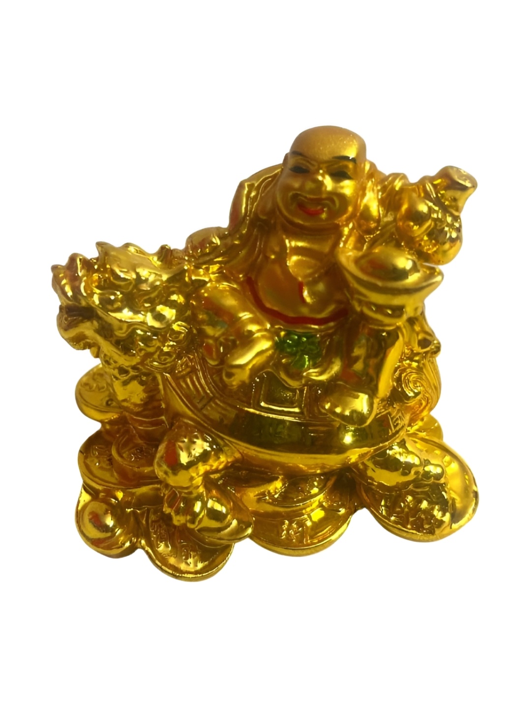 

RIPE INDIA Gold Toned & Green Laughing Buddha Sitting On Dragon Turtle Idol Showpiece