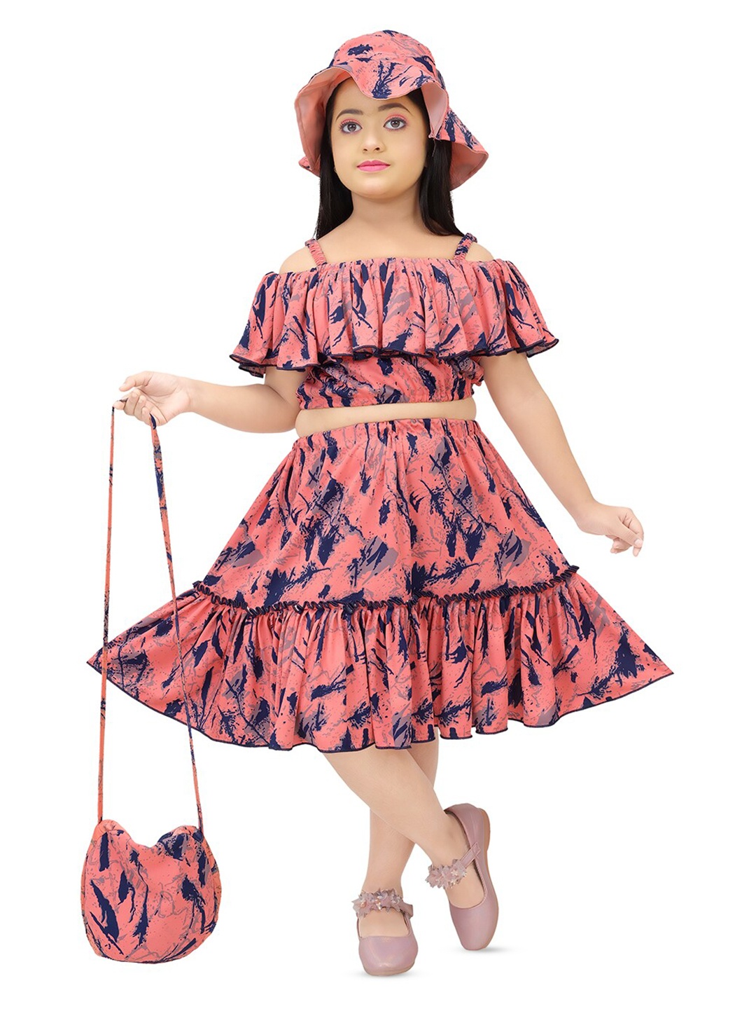 

BAESD Girls Abstract Printed Top And Skirt, Coral