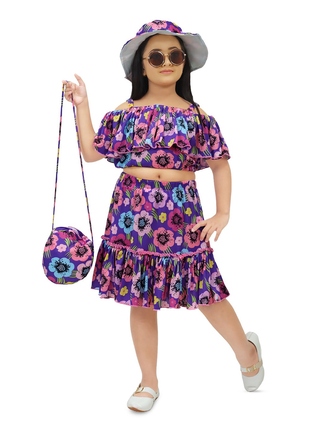 

BAESD Girls Floral Printed Top And Skirt, Purple
