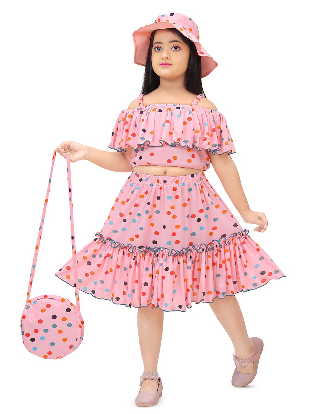 

BAESD Girls Polka Dot Printed Top And Skirt, Pink