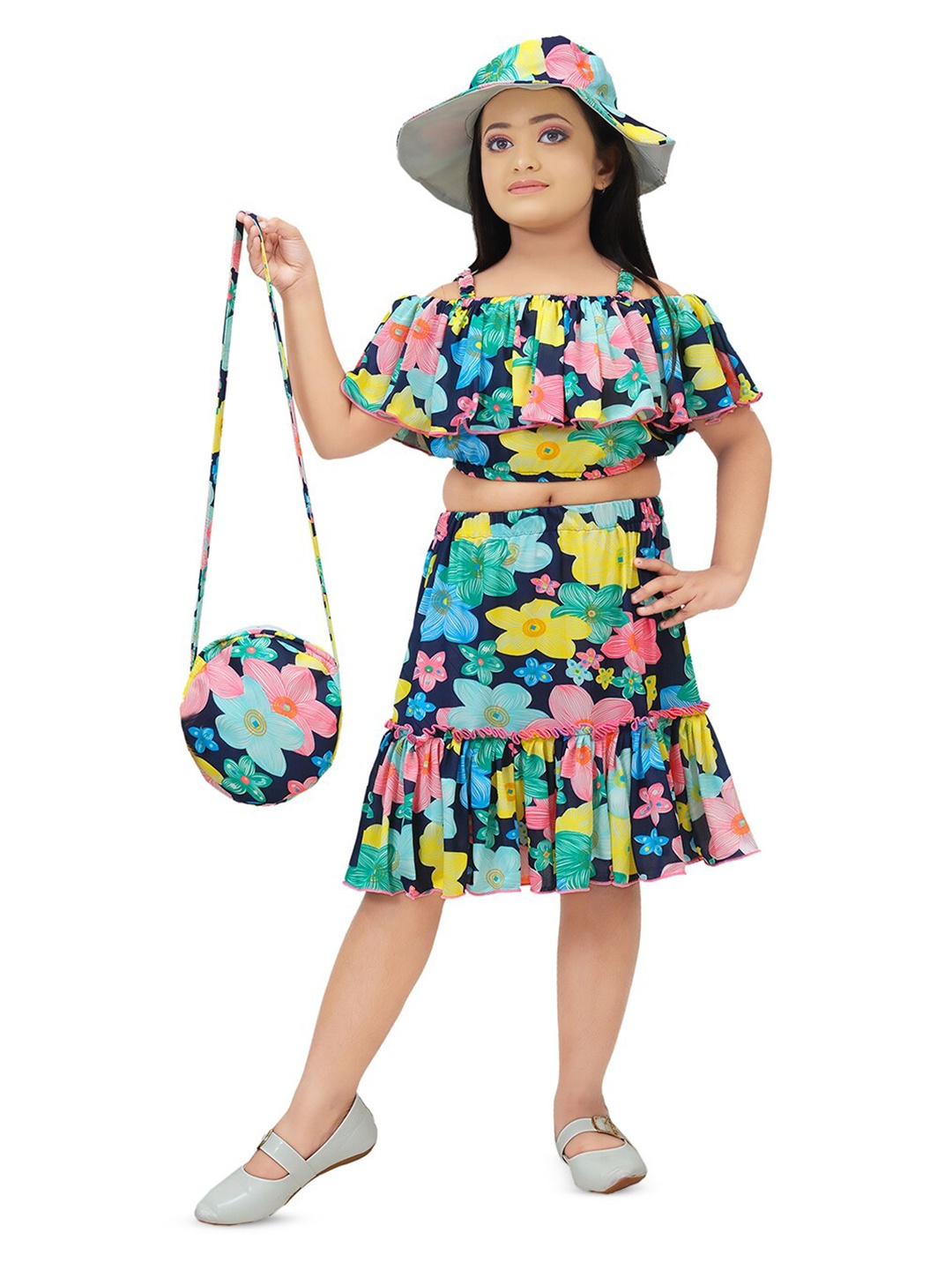 

BAESD Girls Printed Pure Cotton Shoulder Straps Ruffled Top With Skirt, Navy blue