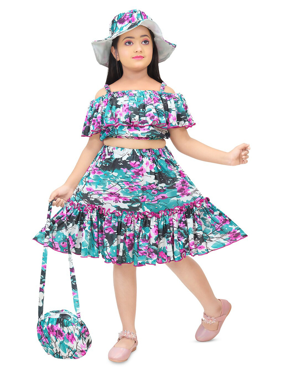 

BAESD Girls Printed Pure Cotton Shoulder Straps Ruffled Top With Skirt, Green