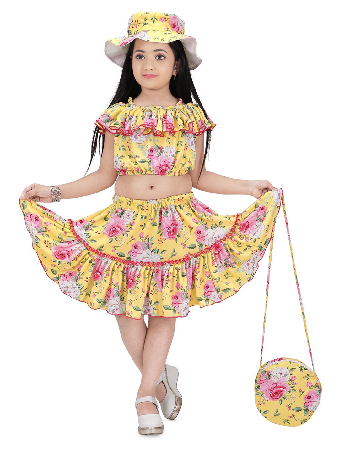 

BAESD Girls Printed Pure Cotton Shoulder Straps Ruffled Top With Skirt, Yellow