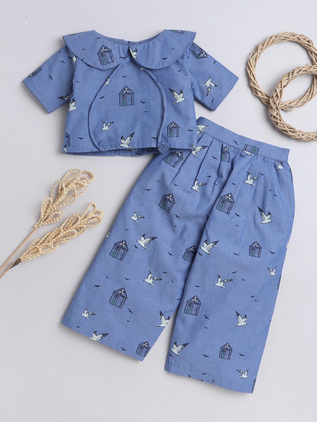 

Knitting Doodles Girls Printed Pure Cotton Chambray Crop Top and Pleated Trousers, Blue