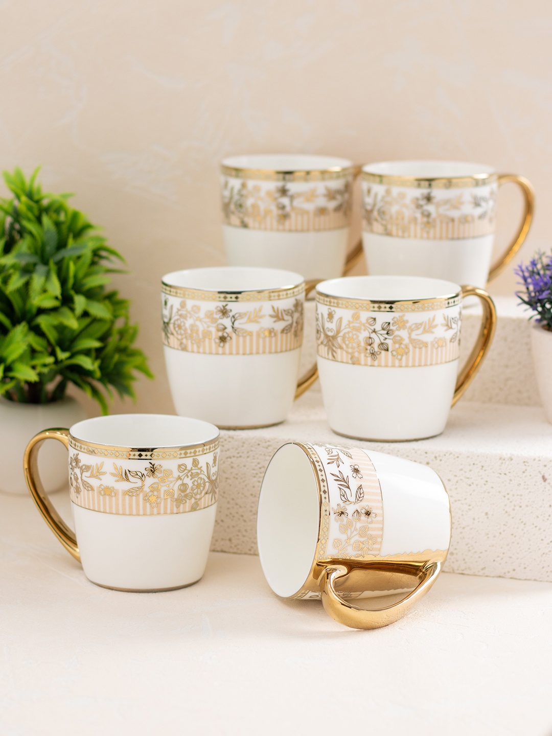 

JCPL White 6 Pieces Printed Dishwasher Safe Ceramic Glossy Cups 200 ml